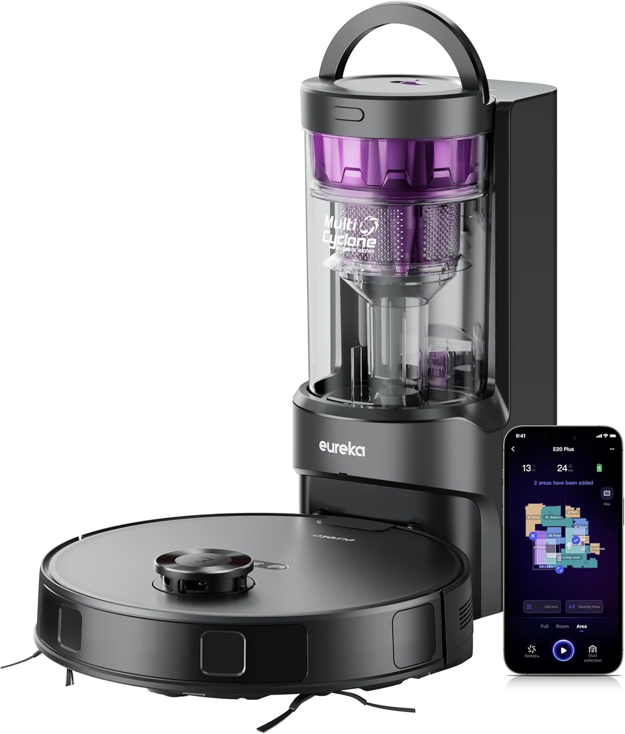 Eureka E20 Plus Robot Vacuum and Mop Combo. Robot Vacuum Cleaner with Bagless Self Emptying Station. 45-Day Capacity 8000Pa Suction and Anti Hair-Tangling Brush App Control LiDAR Navigation